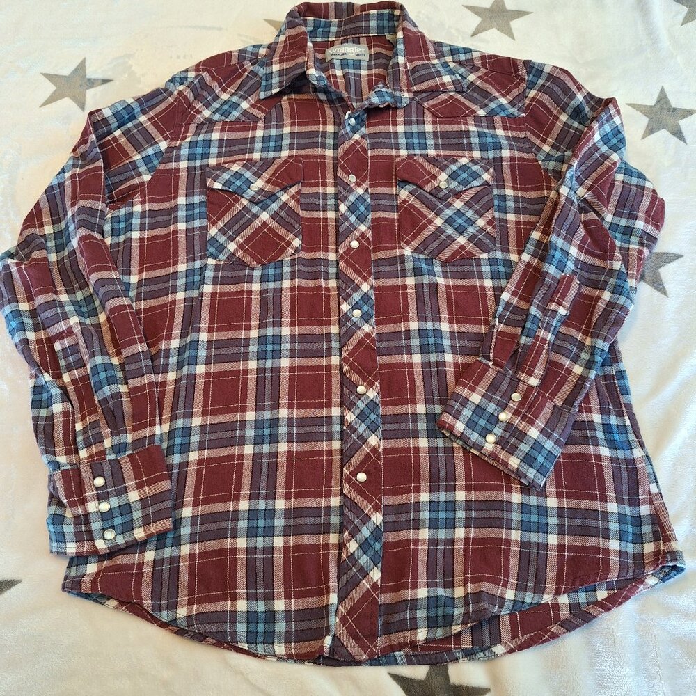 Wrangler Wrancher Men's Large Maroon Plaid Flannel Pearl Snap Button Up Shirt